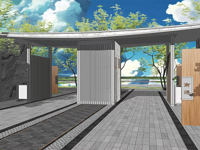 Modern Entrance Gate With Curved Roof Trees Blue Sky White Clouds Stone Wall Paved Pathway 3d model