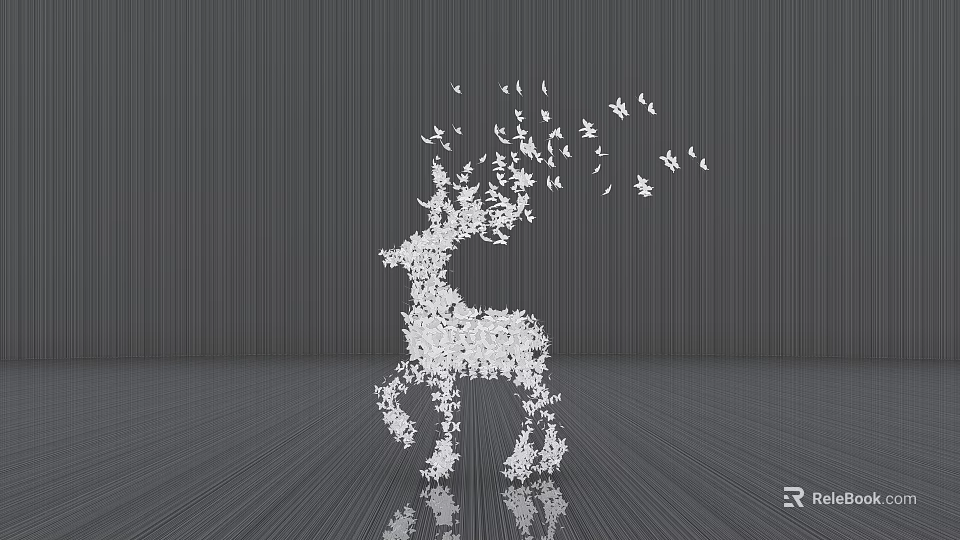 Deer Shaped Sculpture Composed Of White Flying Birds Against Gray Striped Background With Ground Reflection 3d model 