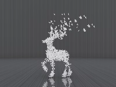 Deer Shaped Sculpture Composed Of White Flying Birds Against Gray Striped Background With Ground Reflection 3d model
