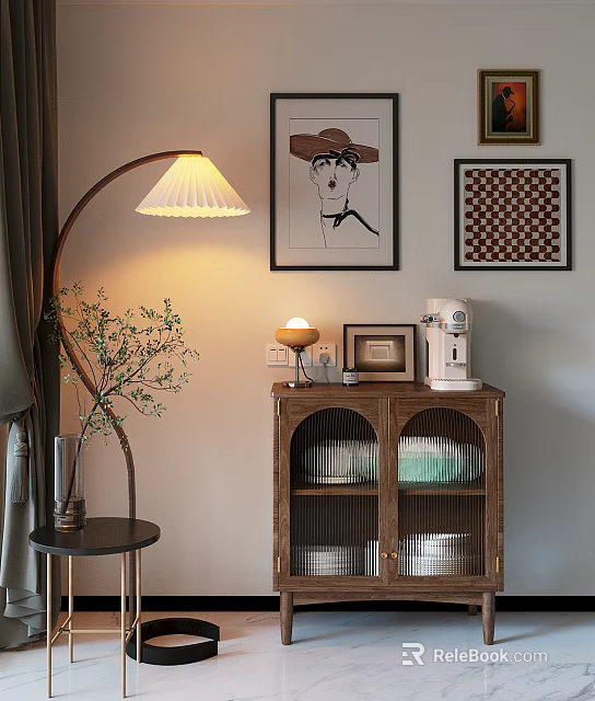 Cozy Buffet Cabinet with Glass Doors Floor Lamp Table Lamp Coffee Machine and Wall Paintings 3d model 