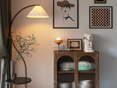 Cozy Buffet Cabinet with Glass Doors Floor Lamp Table Lamp Coffee Machine and Wall Paintings 3d model