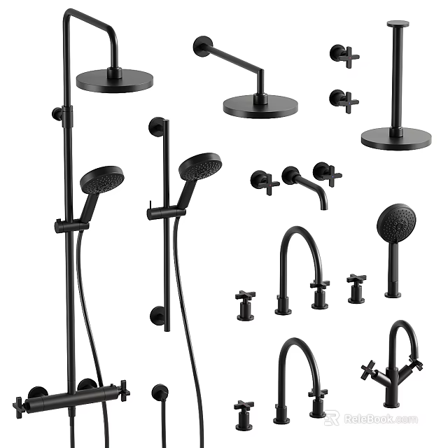 Black Bathroom Shower Head Set With Handheld Sprayer And Faucet Components 3d model