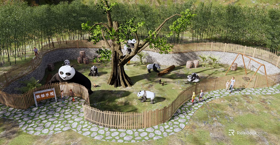 Panda Park Landscape With Large Tree Wooden Fence Stone Path And Visitors 3d model 