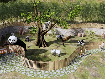 Panda Park Landscape With Large Tree Wooden Fence Stone Path And Visitors 3d model