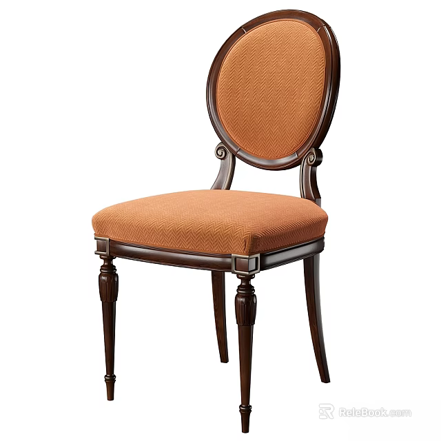 Classic Single Chair With Orange Cushion Oval Backrest And Dark Wooden Carved Frame 3d model 