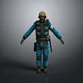 Tactical Personnel In Blue Uniform Helmet Face Mask Vest And Outstretched Arms