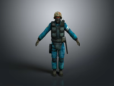 Tactical Personnel In Blue Uniform Helmet Face Mask Vest And Outstretched Arms 3d model