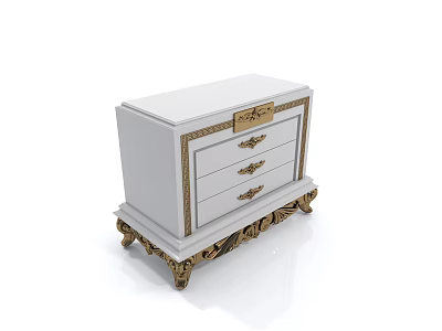 Elegant White Nightstand With Gold Accents Three Drawers And Ornate Legs 3d model
