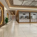 Traditional Service Hall Interior With Wooden Decorations Calligraphy Wall And Service Counters