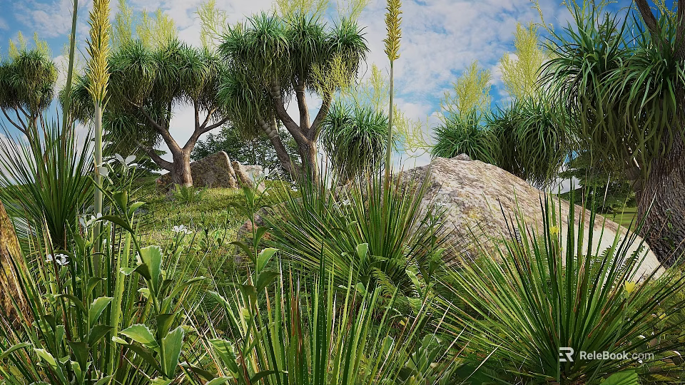 Green Shrubs With Lush Foliage And Tall Grasses Near Large Rocks In Natural Outdoor Scene 3d model 