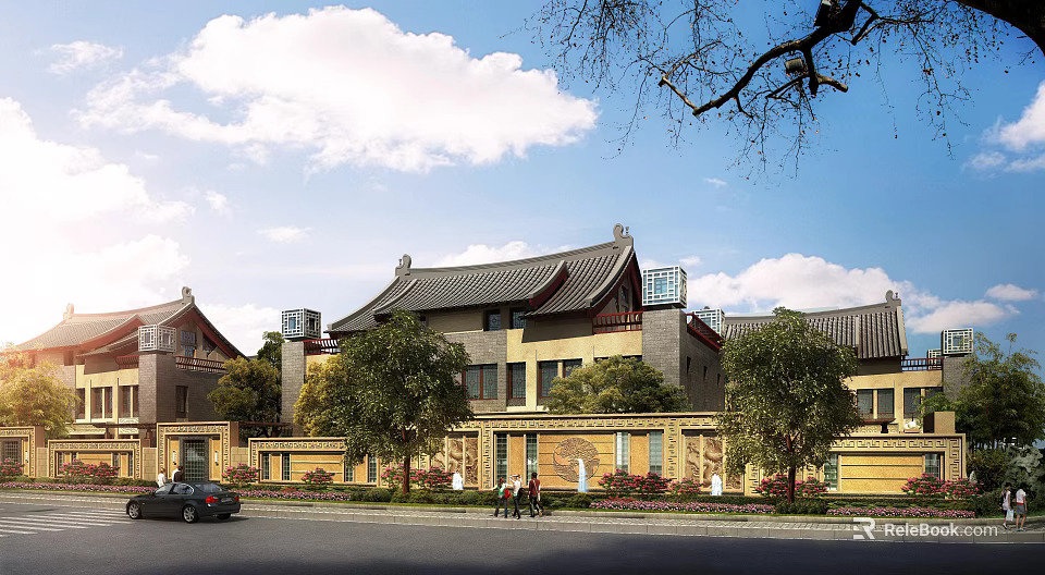 Chinese Style Townhouse With Traditional Roof Yellow Walls Surrounded By Trees In Natural Surroundings 3d model 