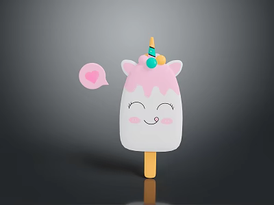 Cute Unicorn Popsicle With Pink Top Smiling Face And Heart Speech Bubble 3d model