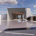 Modern Sales Office Building With Glass Facade White Walls Wooden Elements And Lawn Area