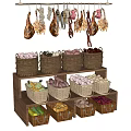 Fresh Vegetables Display on Wooden Shelf with Woven Baskets and Various Produce
