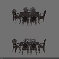 Classic Dark Wood Dining Table Set With Six Carved Chairs And Ornate Details
