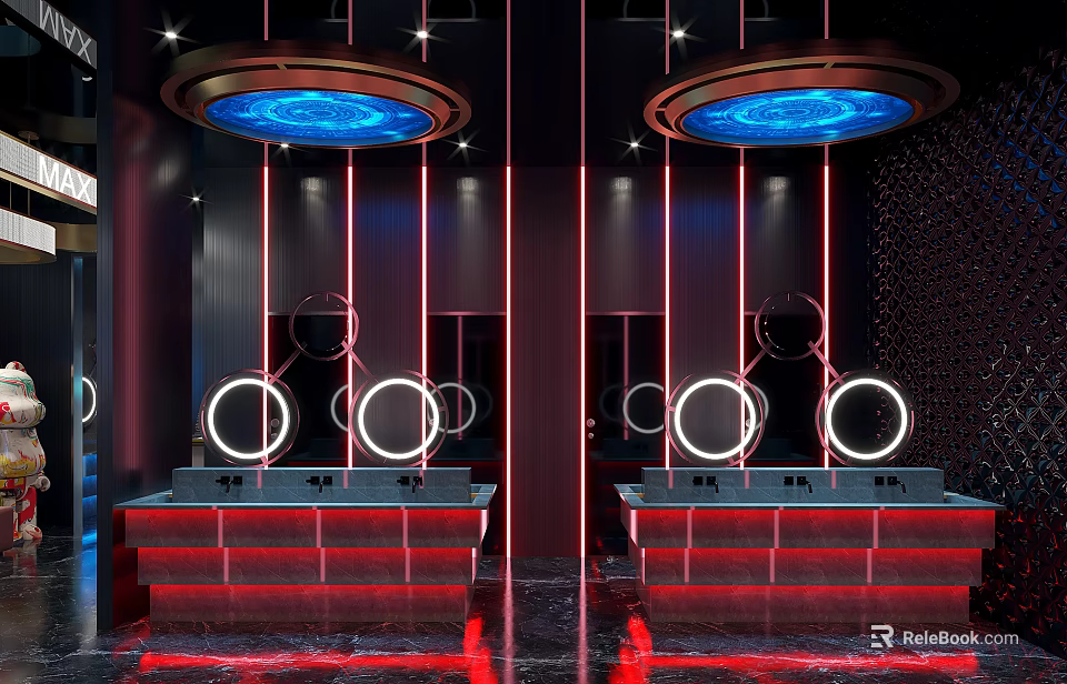 Futuristic Public Restroom Design With Red Lighting Circular Fixtures And Double Sinks 3d model 