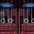 Futuristic Public Restroom Design With Red Lighting Circular Fixtures And Double Sinks
