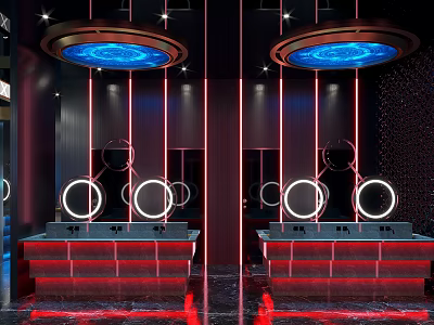 Futuristic Public Restroom Design With Red Lighting Circular Fixtures And Double Sinks 3d model
