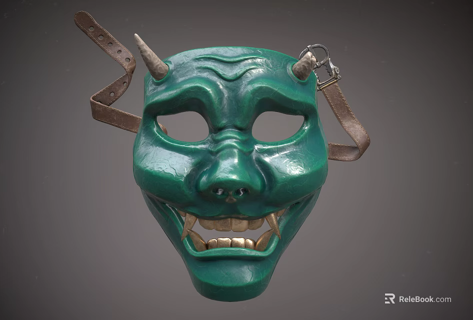 Green Traditional Mask With Horns Leather Straps And Decorative Facial Details 3d model 