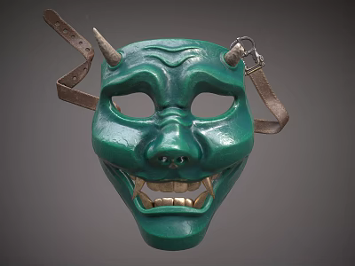 Green Traditional Mask With Horns Leather Straps And Decorative Facial Details 3d model
