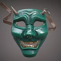 Green Traditional Mask With Horns Leather Straps And Decorative Facial Details
