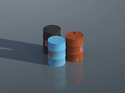 Industrial Oil Drums In Black Blue And Orange Displayed On Gray Background 3d model