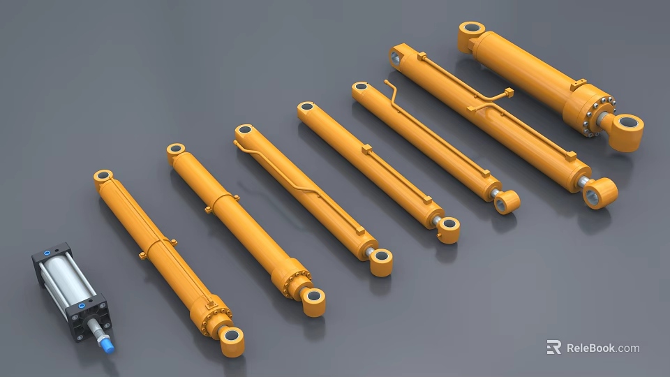 Multiple Yellow Hydraulic Cylinders As Industrial Equipment Arranged On Gray Background 3d model 