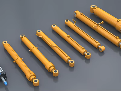 Multiple Yellow Hydraulic Cylinders As Industrial Equipment Arranged On Gray Background 3d model