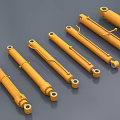 Multiple Yellow Hydraulic Cylinders As Industrial Equipment Arranged On Gray Background