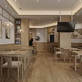 Spacious Open Restaurant Interior With Wooden Tables Chairs Pendant Lights Wall Decorations And TV
