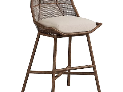 Modern Wooden Bar Stool With Woven Backrest And Padded Seat Design 3d model