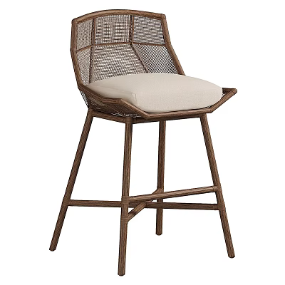 Modern Wooden Bar Stool With Woven Backrest And Padded Seat Design 3d model