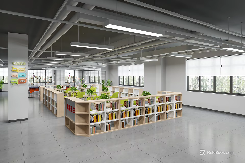 Book Art In Modern Spacious Library With Wooden Bookshelves Green Plants And Natural Light 3d model 