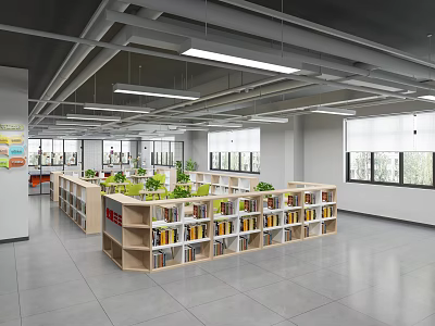Book Art In Modern Spacious Library With Wooden Bookshelves Green Plants And Natural Light 3d model