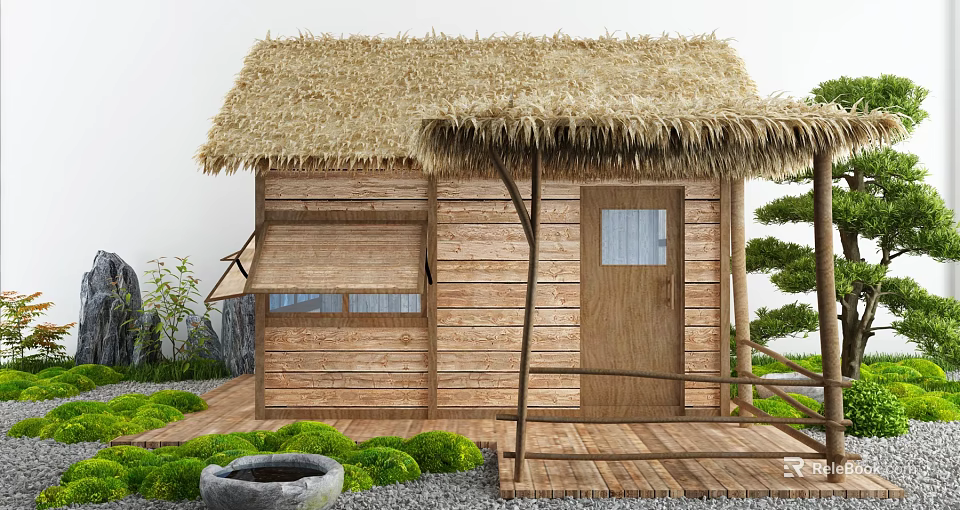 Rustic Wooden Cabin With Thatched Roof Wooden Walls Deck And Surrounding Greenery 3d model 