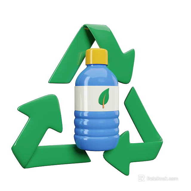 Eco Friendly Decorative Ornament Set With Recycling Symbol Green Arrows Blue Bottle Yellow Cap 3d model 