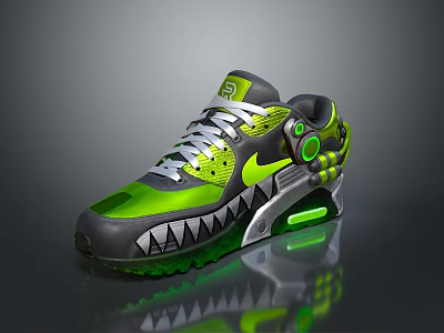 Green And Gray Modern Sneakers With Shark Tooth Design Glowing Sole And Reflective Details 3d model