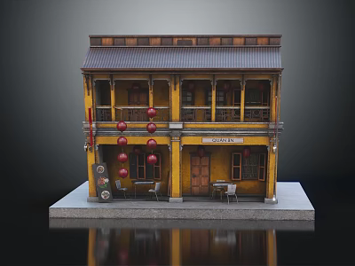 Traditional Chinese Two Story Yellow Building Model With Red Lanterns Tables And Chairs 3d model