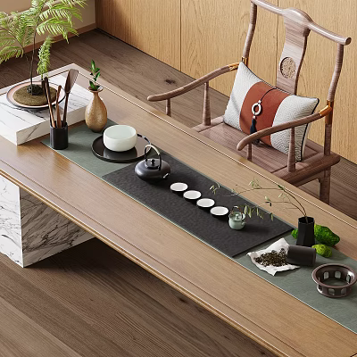 Elegant Tea Set On Wooden Tea Table With Green Mat Small Cups And Decorative Plants 3d model