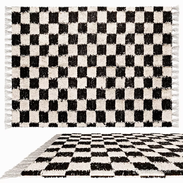 Black and White Checkered Square Rug With Fringe Edges For Home Decor 3d model 