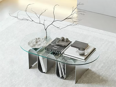 Sleek Glass Top Coffee Table With Metal Base Decorative Branches And Stacked Books 3d model