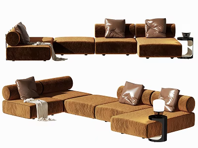 Brown Velvet Sectional Sofa With Decorative Pillows Throw Blanket And Side Table 3d model