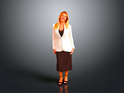 Woman In White Blazer Black Top Brown Skirt And High Heels Standing On Gray Background 3d model
