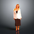 Woman In White Blazer Black Top Brown Skirt And High Heels Standing On Gray Background