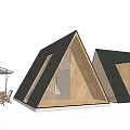 A frame Wooden Cabins With Outdoor Seating And Patio Umbrella Design