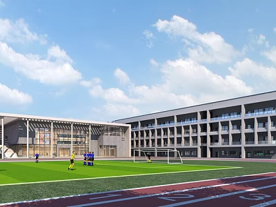 Modern School Football Field With Green Grass Running Track And Blue Sky White Clouds 3d model