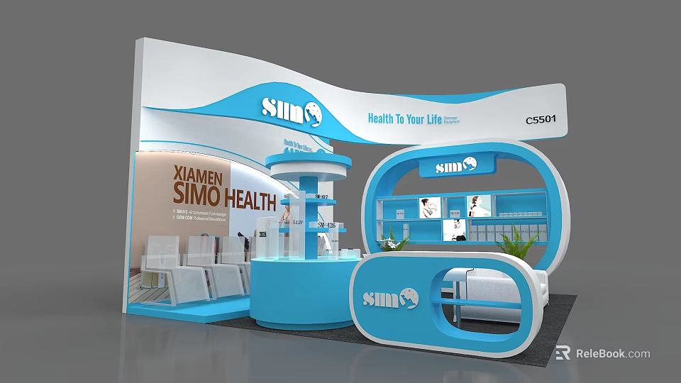 Xiamen SIHO Health Exhibition Booth With Blue White Design And Display Area 3d model 