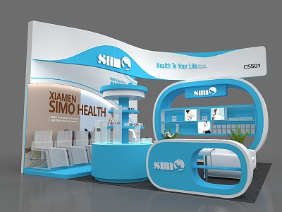 Xiamen SIHO Health Exhibition Booth With Blue White Design And Display Area 3d model
