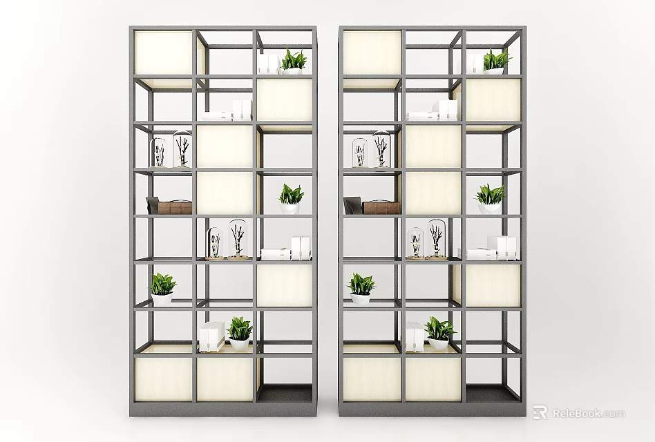 Modern Open Bookshelf Design With Multiple Shelves Green Plants And Decorations 3d model 