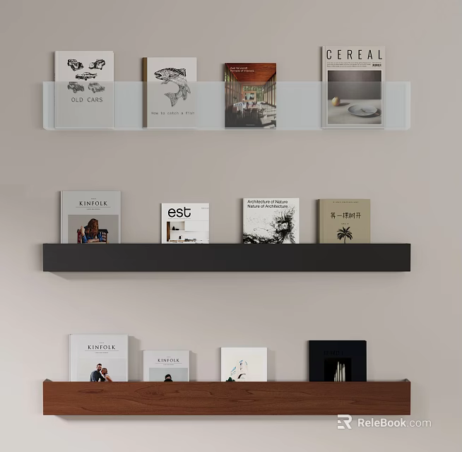 Books And Magazines Display On White Black Brown Shelves With Various Covers 3d model 
